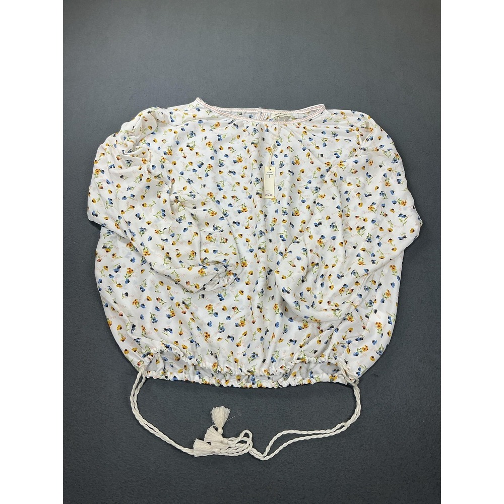 Max Studio Blouse Womens Small White Floral Balloon Sleeve‎ Tassel Hem Boho Top
